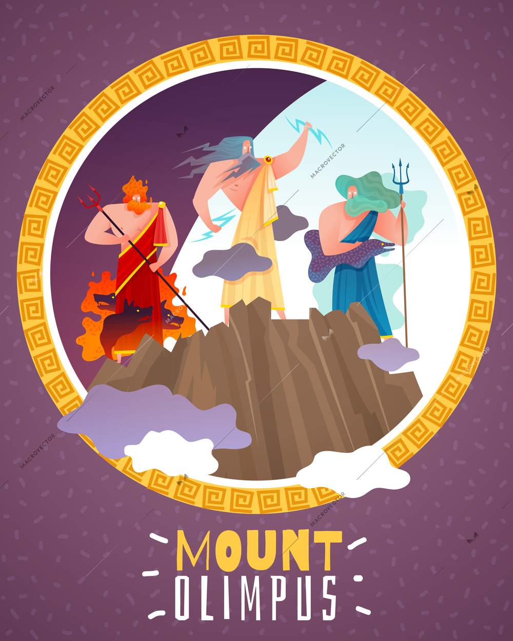 Mount olimpus cartoon poster with ancient greece gods zeus poseidon hephaestus flat vector illustration