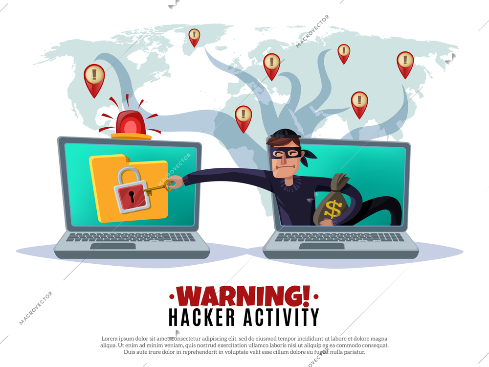 Hacker activity, cracker during attack on computer security system on world map background, horizontal cartoon vector illustration