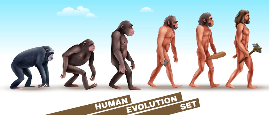 Human evolution set of characters from primates to homo sapiens on blue sky background vector illustration