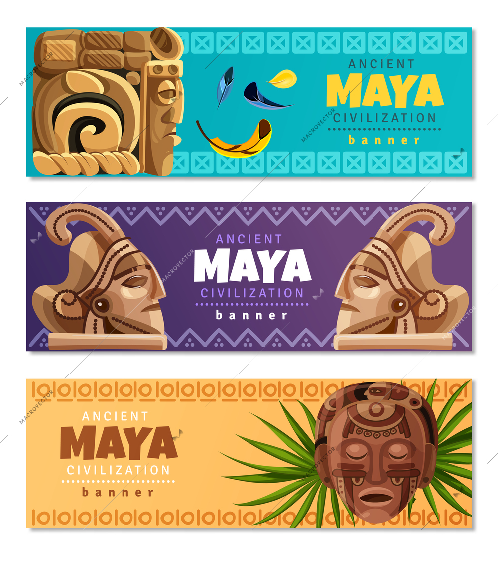 Maya civilization horizontal banners with symbols of traditional mayan culture history and religion isolated vector illustration