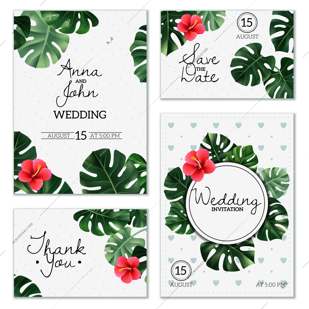 Set of wedding cards with leaves and flower of realistic house plant monstera isolated vector illustration