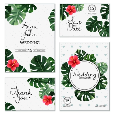 Set of wedding cards with leaves and flower of realistic house plant monstera isolated vector illustration