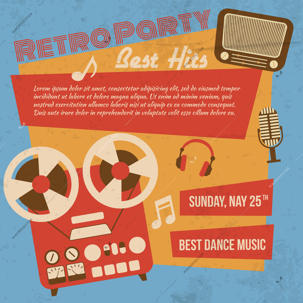 Retro party poster with reel to reel tape recorder vector illustration