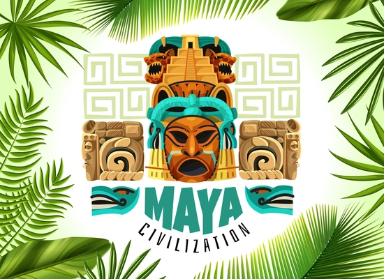 Maya civilization horizontal poster with mayan mask and fragments of ancient calendar cartoon vector illustration