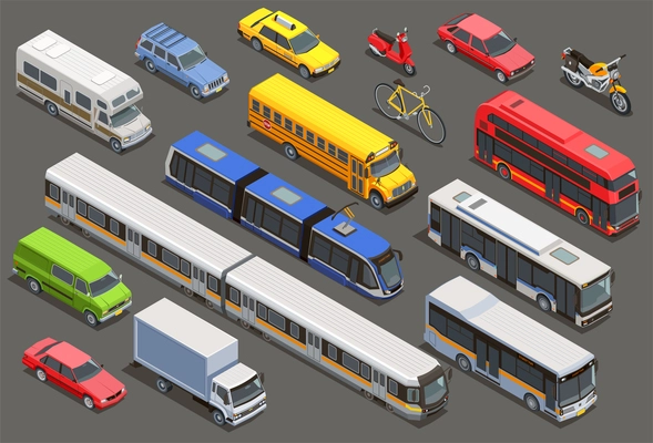 Public city transport isometric icons collection with isolated images of private cars bikes and municipal transport vector illustration