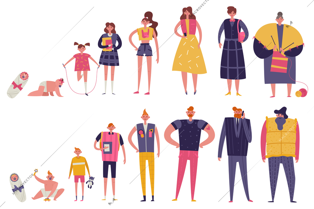 Life cycles of man and woman flat colored icons set of different ages from newborn to elderly isolated vector illustration