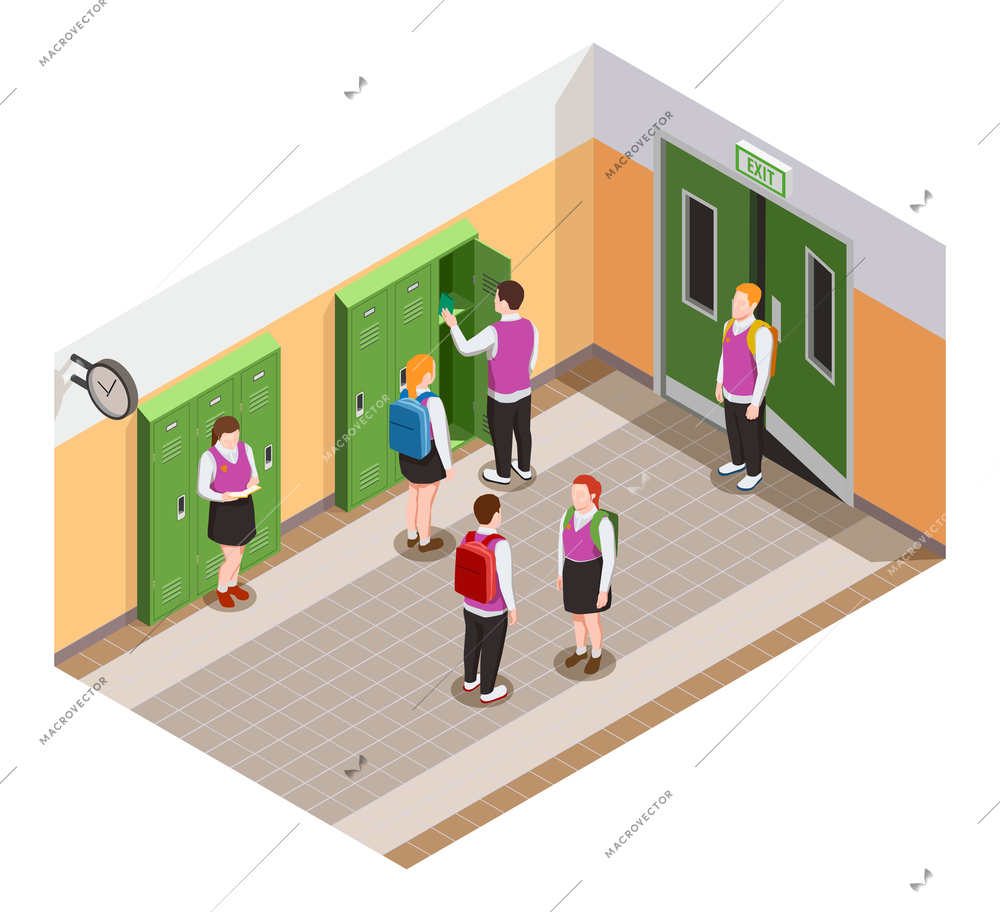 High school isometric people composition with human characters of students in hallway during time of break vector illustration