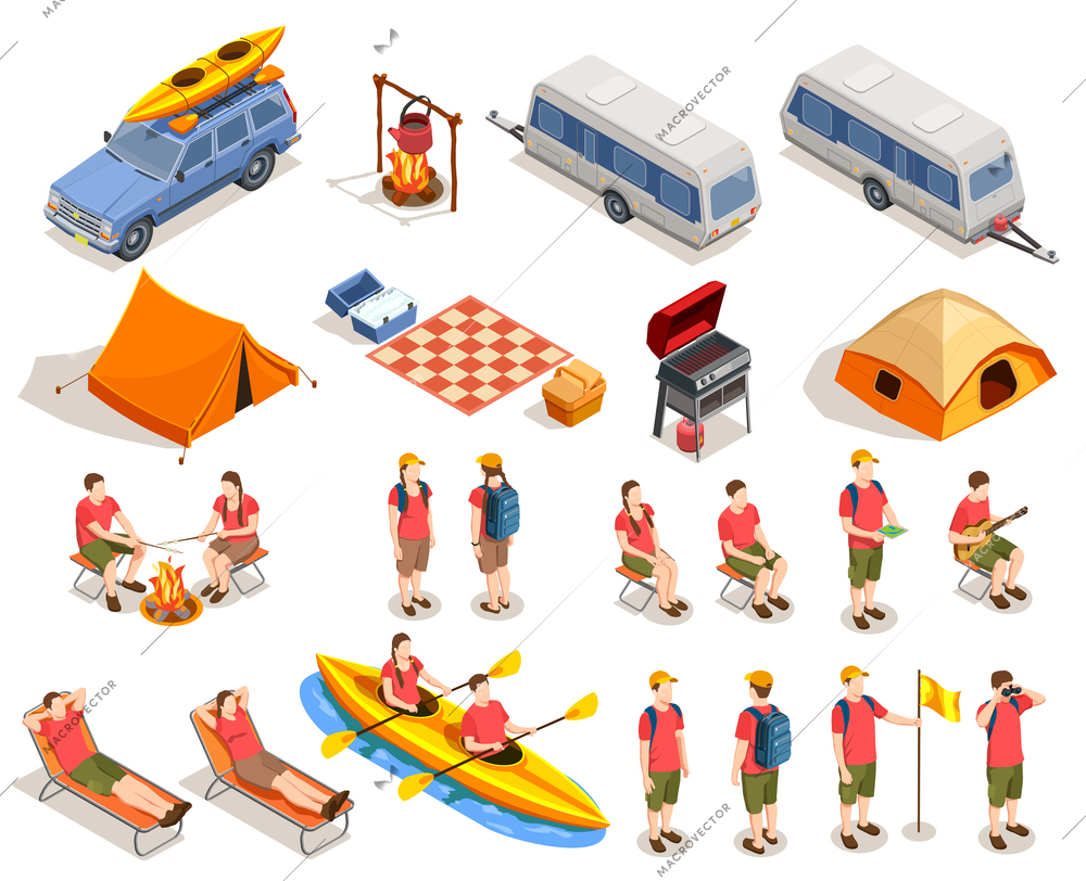 Camping hiking isometric icons collection with isolated images of winniebago trailers tents deck chairs and people vector illustration