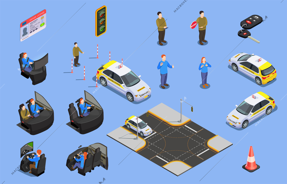 Driving school isometric icons collection of car simulators driver license and human characters with safety cone vector illustration