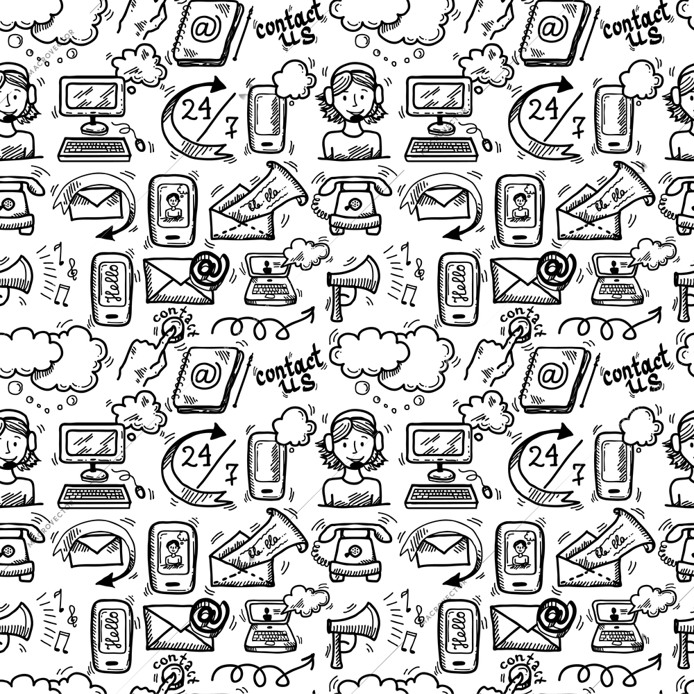 Contact us customer service sketch doodle icons seamless pattern vector illustration