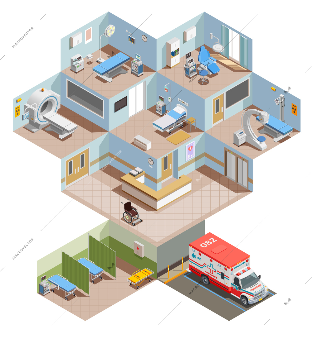 Medical equipment isometric composition with elevation view of hospital center with room interiors and health facilities vector illustration