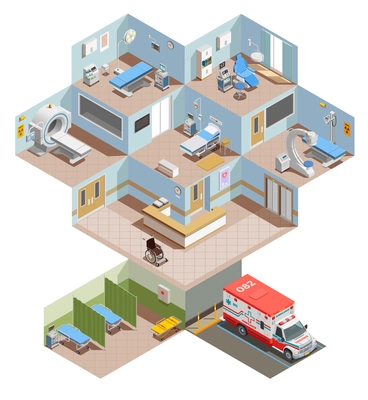 Medical equipment isometric composition with elevation view of hospital center with room interiors and health facilities vector illustration