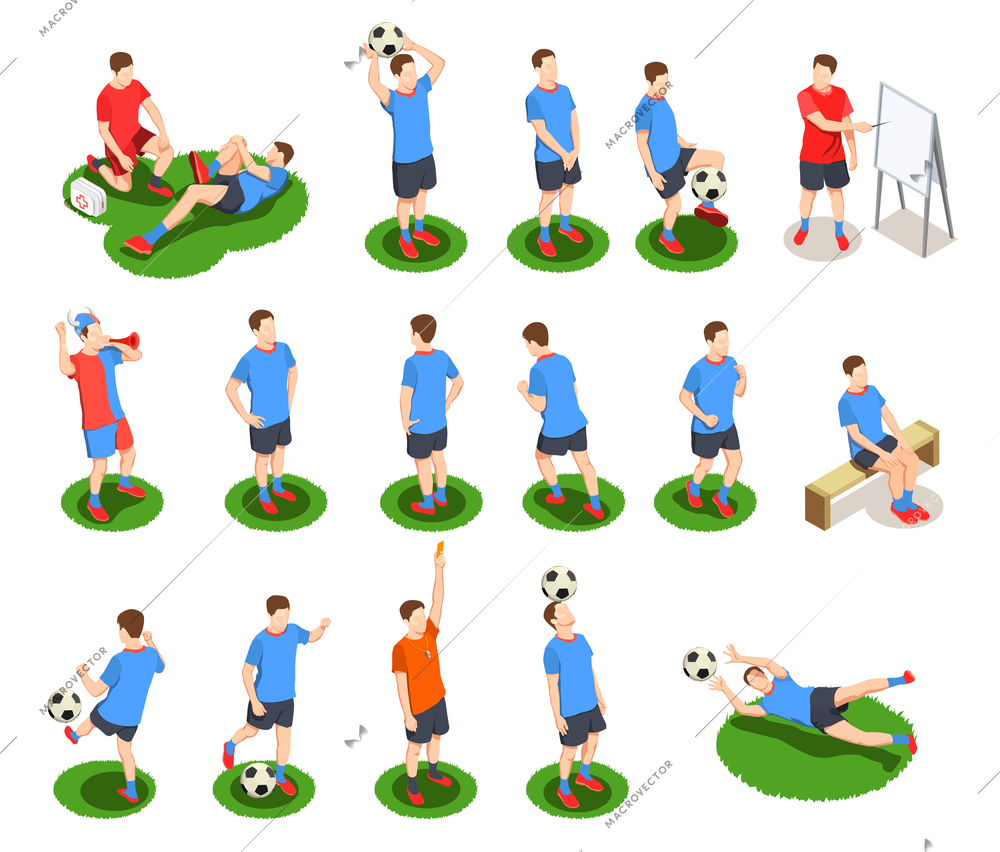 Football soccer isometric people icons collection with isolated human characters of players in uniform with ball vector illustration