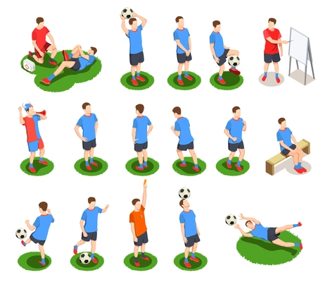 Football soccer isometric people icons collection with isolated human characters of players in uniform with ball vector illustration