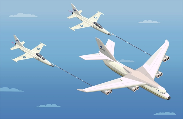 Airplanes helicopters isometric composition with three aeroplanes during mid-air in-flight refuelling and clear sky vector illustration