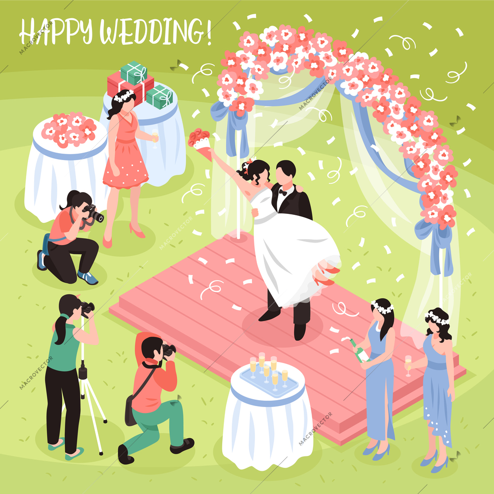 Beautiful wedding photo shoot and three professional photographers 3d isometric vector illustration