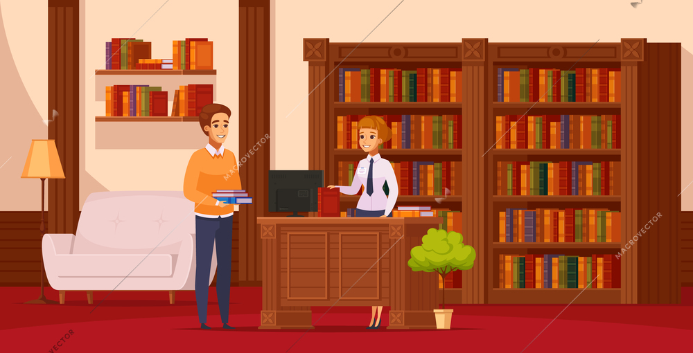 Library flat orthogonal composition with librarian assisting reader at service desk in front of bookshelves vector illustration