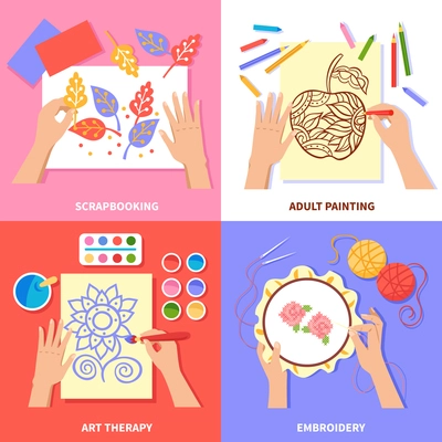 Handmade 2x2 design concept with scrapbooking painting and embroidery process isolated on colorful background flat vector illustration