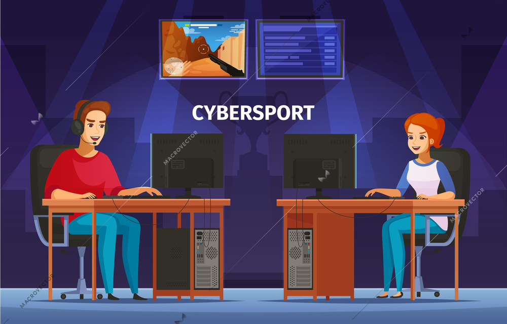 Cybersport games playing at desktop 2 cartoon characters composition with girl and teenager wearing headset vector illustration