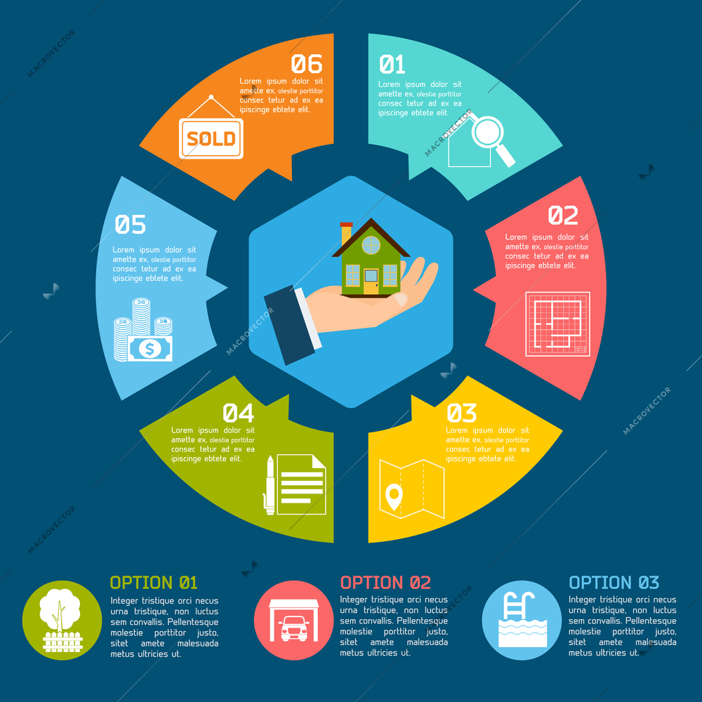 Real estate infographic set with pie chart options vector illustration