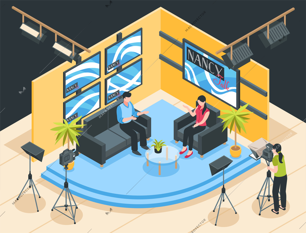 Talk show shooting in tv studio 3d isometric vector illustration