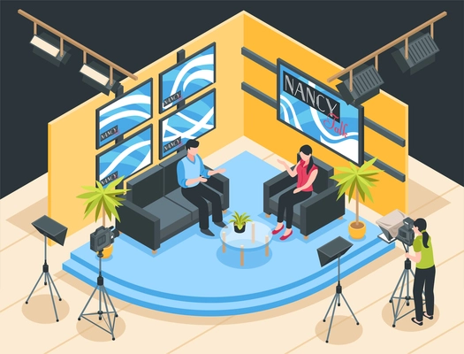 Talk show shooting in tv studio 3d isometric vector illustration