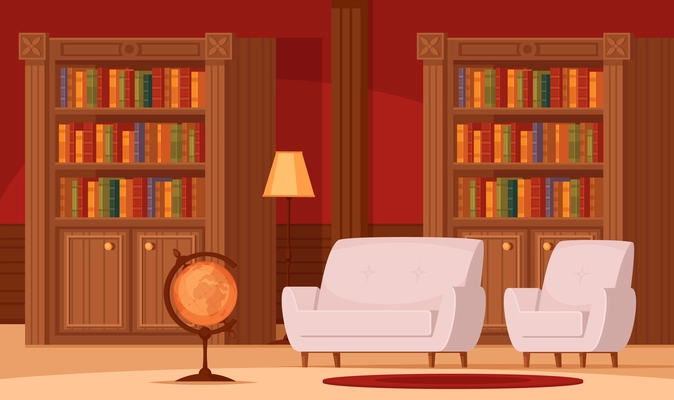 Traditional library interior flat orthogonal composition with bookshelves terrestrial globe lamp comfortable couches carpet vector illustration