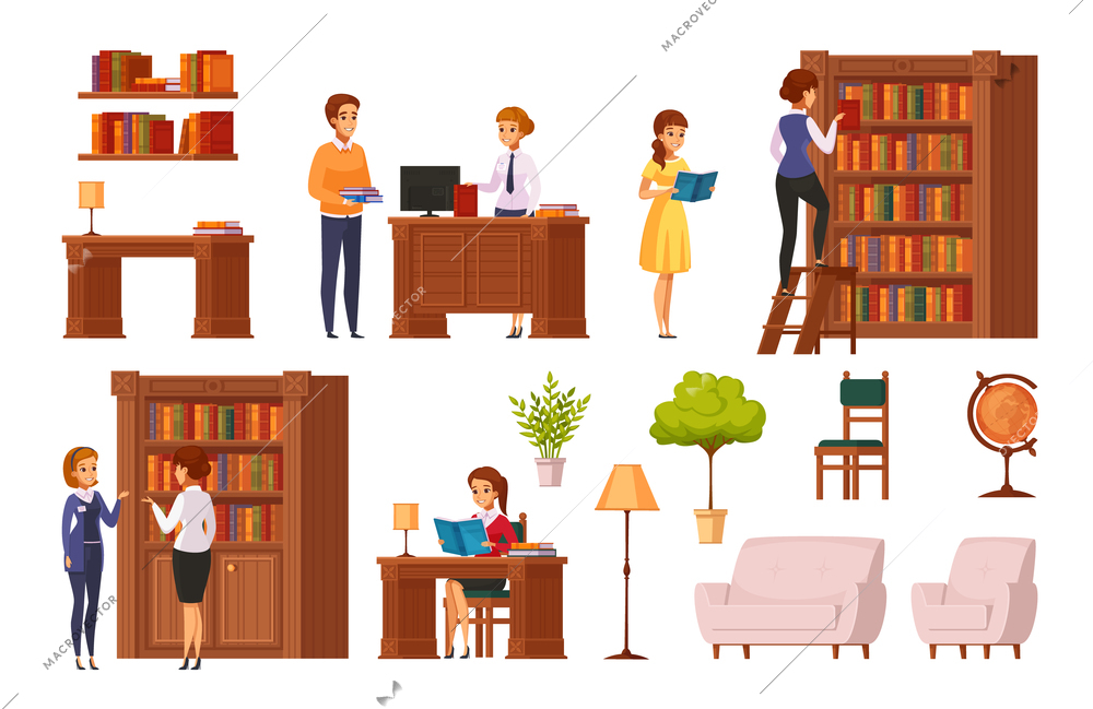 Public library flat orthogonal elements collection with bookshelves librarian desk reading room accessories visitors isolated vector illustration