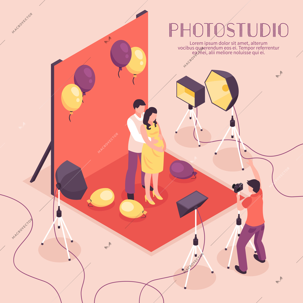 Man and pregnant woman having photo shoot in professional studio 3d isometric vector illustration