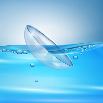 Realistic eye lenses in water with air bubbles, composition on blue background 3d vector illustration