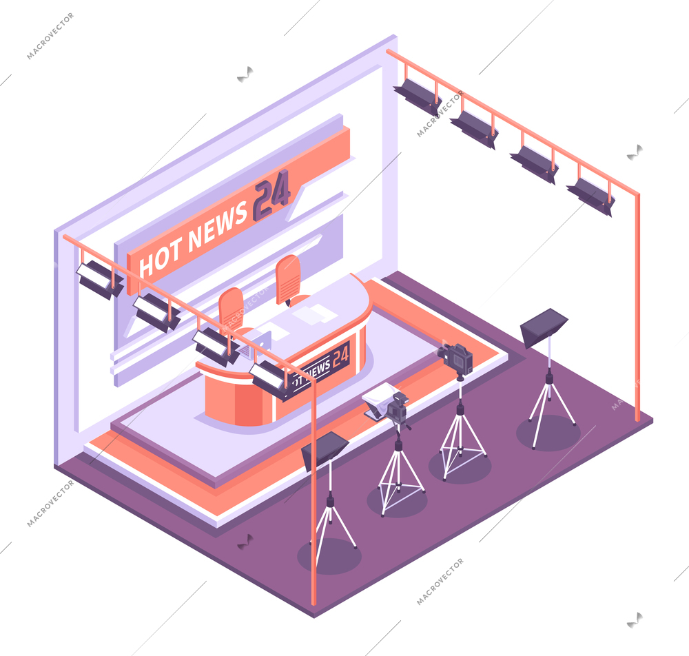 Empty tv studio with various equipment for shooting isometric concept 3d vector illustration