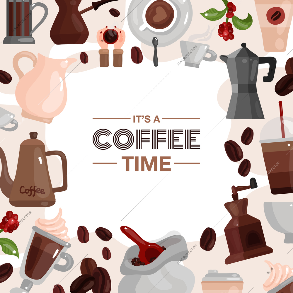 Coffee time decorative frame composed of coffee pot cezve coffee grinder devices flat vector illustration