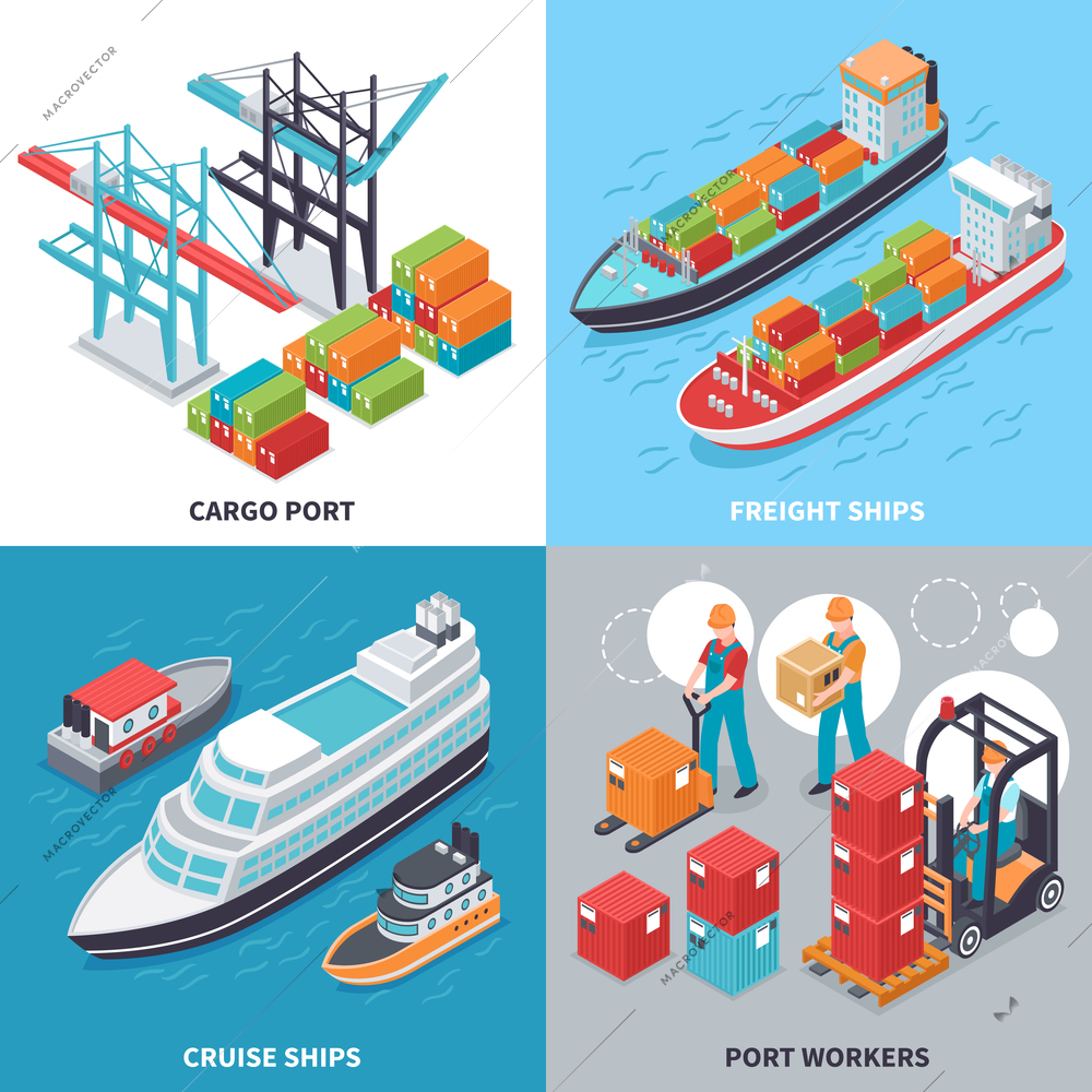 Isometric 2x2 design concept with freight and cruise ships and sea port workers isolated on colorful background 3d vector illustration