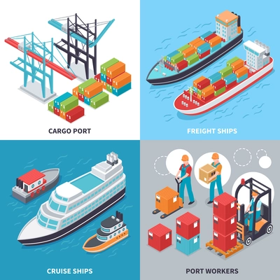 Isometric 2x2 design concept with freight and cruise ships and sea port workers isolated on colorful background 3d vector illustration