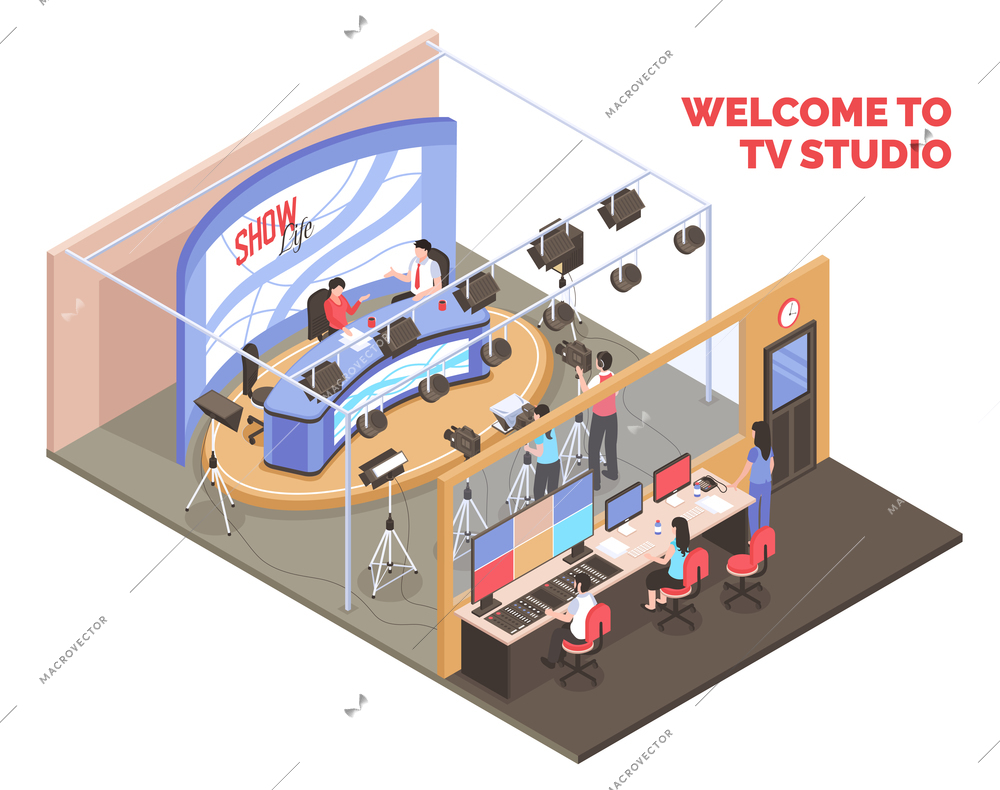 Live tv show with two anchormen broadcasting from studio isometric concept on white background 3d vector illustration