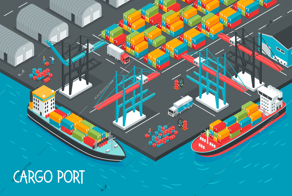Sea port with cargo ships full of boxes and containers 3d isometric vector illustration