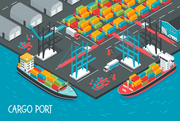 Sea port with cargo ships full of boxes and containers 3d isometric vector illustration