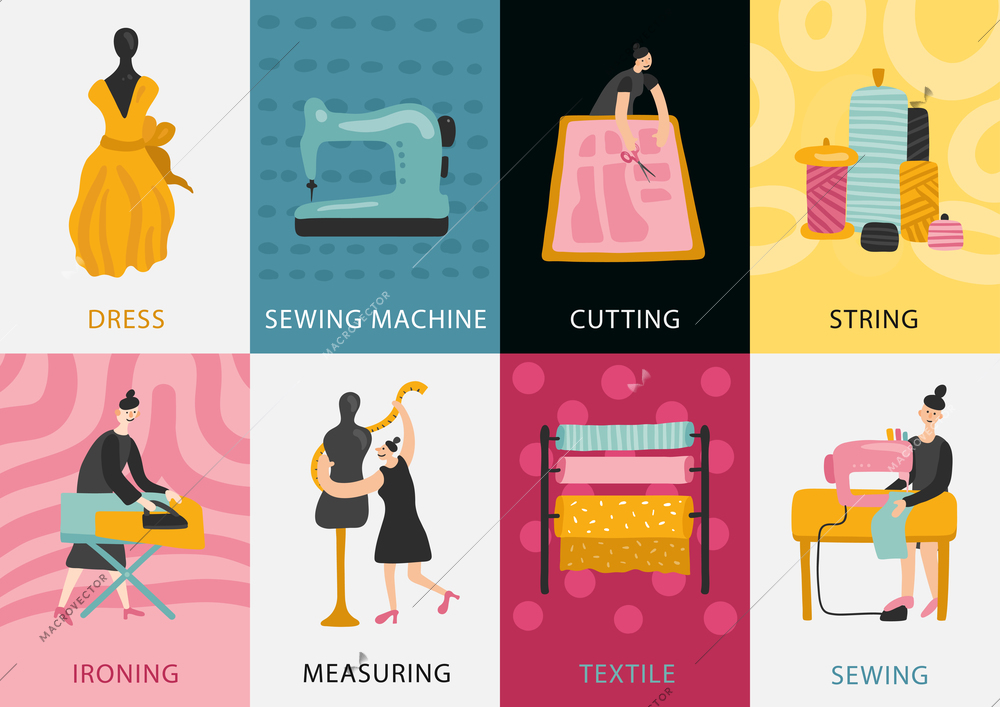 Garment factory cards set of dress making from textile and measuring to cutting sewing ironing flat vector illustration