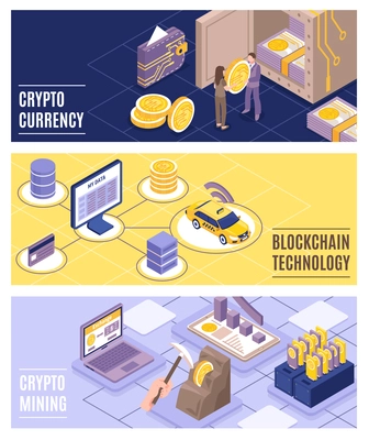 Cryptocurrency and blockchain technology horizontal banners set with colorful background 3d isometric isolated vector illustration