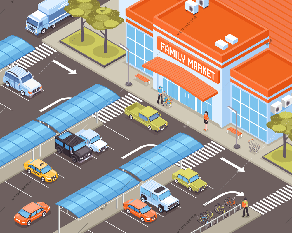 Personal transport on parking zone near market building 3d isometric vector illustration