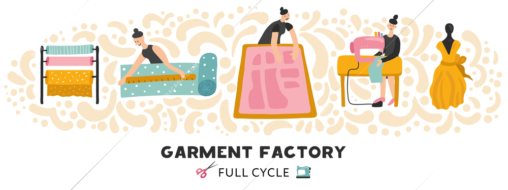 Garment factory horizontal vector illustration with full cycle of clothing making from textile to dress