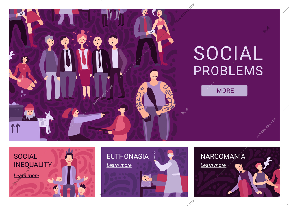 Social problems horizontal banners demonstrating information about narcomania euthanasia social inequality flat vector illustration