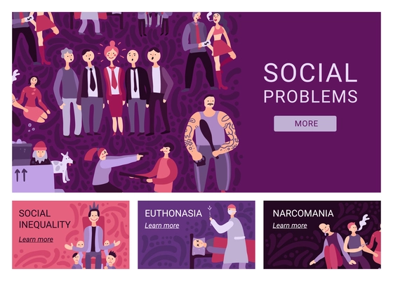 Social problems horizontal banners demonstrating information about narcomania euthanasia social inequality flat vector illustration