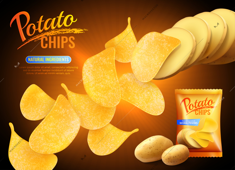 Potato chips advertising composition with realistic images of crisps natural potatoes and pack shot with text vector illustration