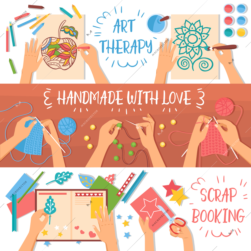 Colorful handmade banners set with creative hobbies for kids flat isolated vector illustration