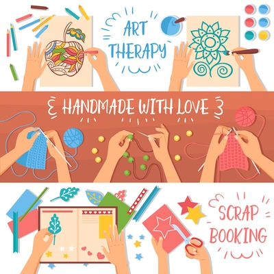 Colorful handmade banners set with creative hobbies for kids flat isolated vector illustration