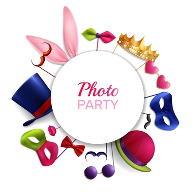 Photo booth party round composition with realistic images of masquerade costume colourful essential elements and text vector illustration
