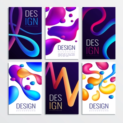 Fluid neon holographic abstract design elements cards collection of six vertical compositions with gradient curve shapes vector illustration