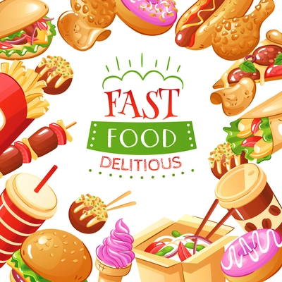 Bright fast food poster with burgers hot dogs drinks french fries pizza and desserts flat vector illustration