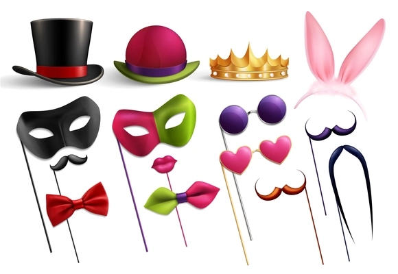 Photo booth party set with isolated images of funny hats glasses and doodle elements for masquerade vector illustration